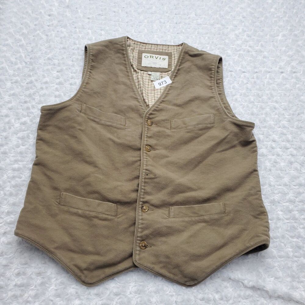 Orvis Mens L Vest Tan Brown Plaid Lined Button Front Cinch Back Missing button